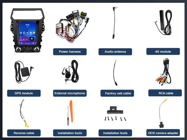 10:46

Power harness  
Audio antenna  
4G module  
GPS module  
External microphone  
Factory usb cable  
RCA cable  
Reverse cable  
Installation tools  
Installation tools  
OEM camera adapter
