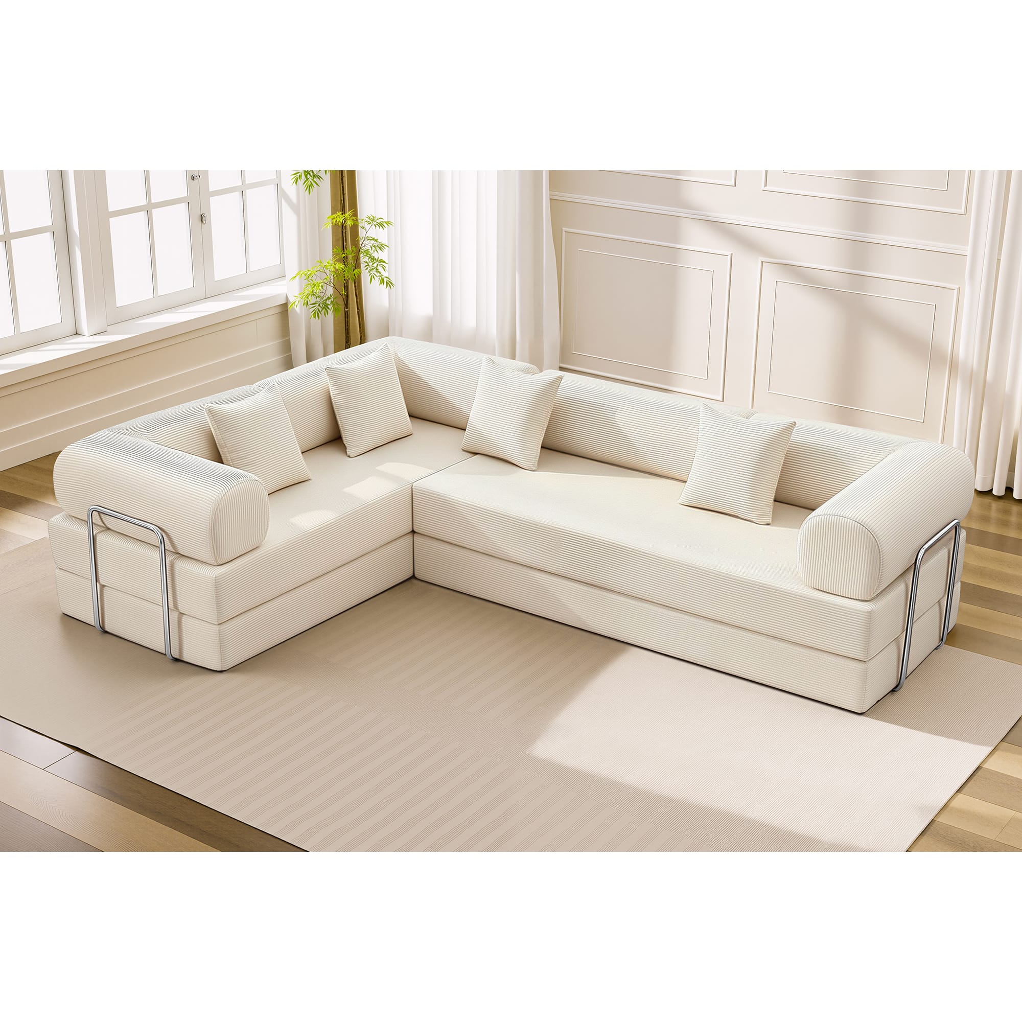KERDOM - Upholstered L Shaped Modular Sofa Bed with Chaise, Corduroy Folding Floor Convertible Sofa Couch Bed for Living Room - Beige