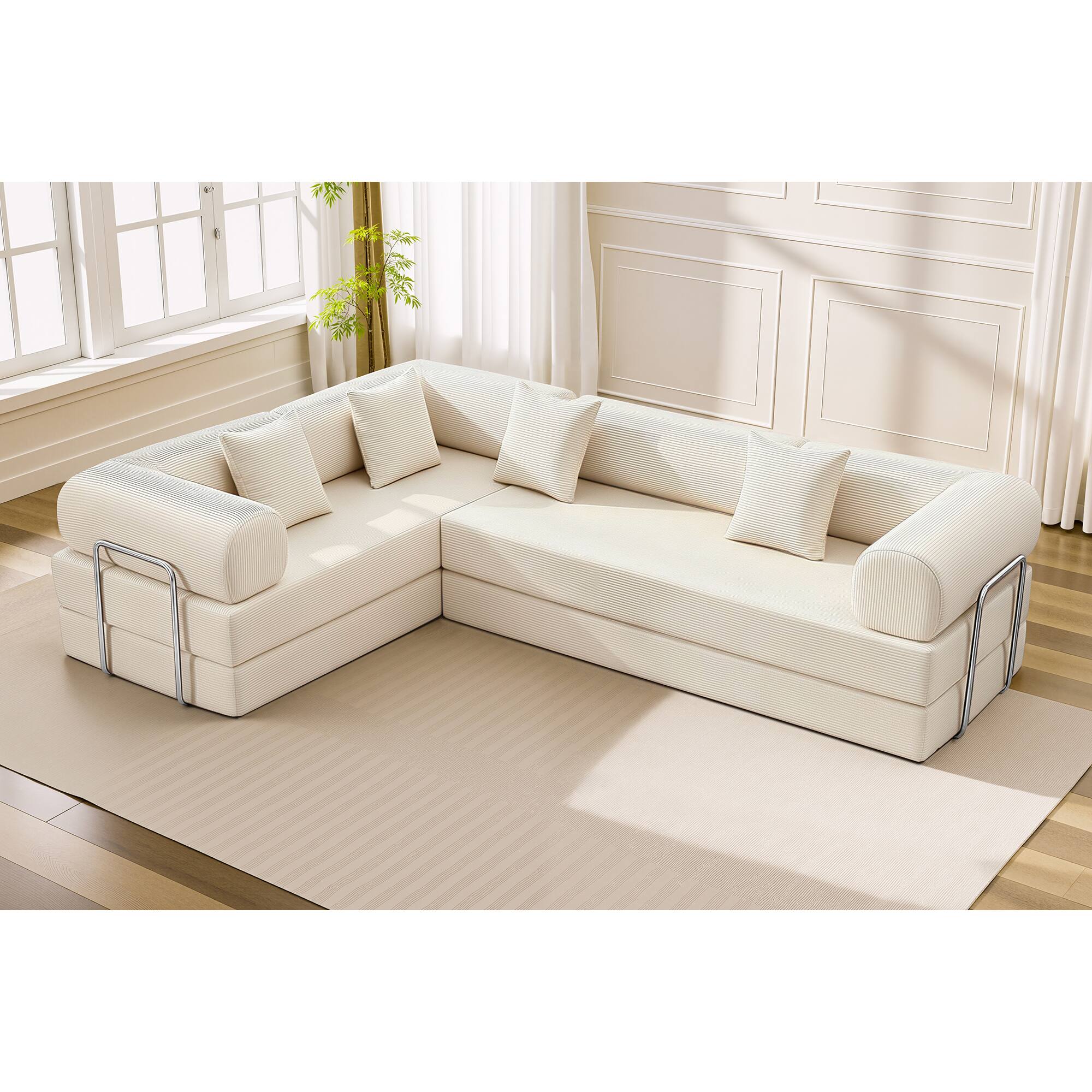 Front. KERDOM - Upholstered L Shaped Modular Sofa Bed with Chaise, Corduroy Folding Floor Convertible Sofa Couch Bed for Living Room - Beige.