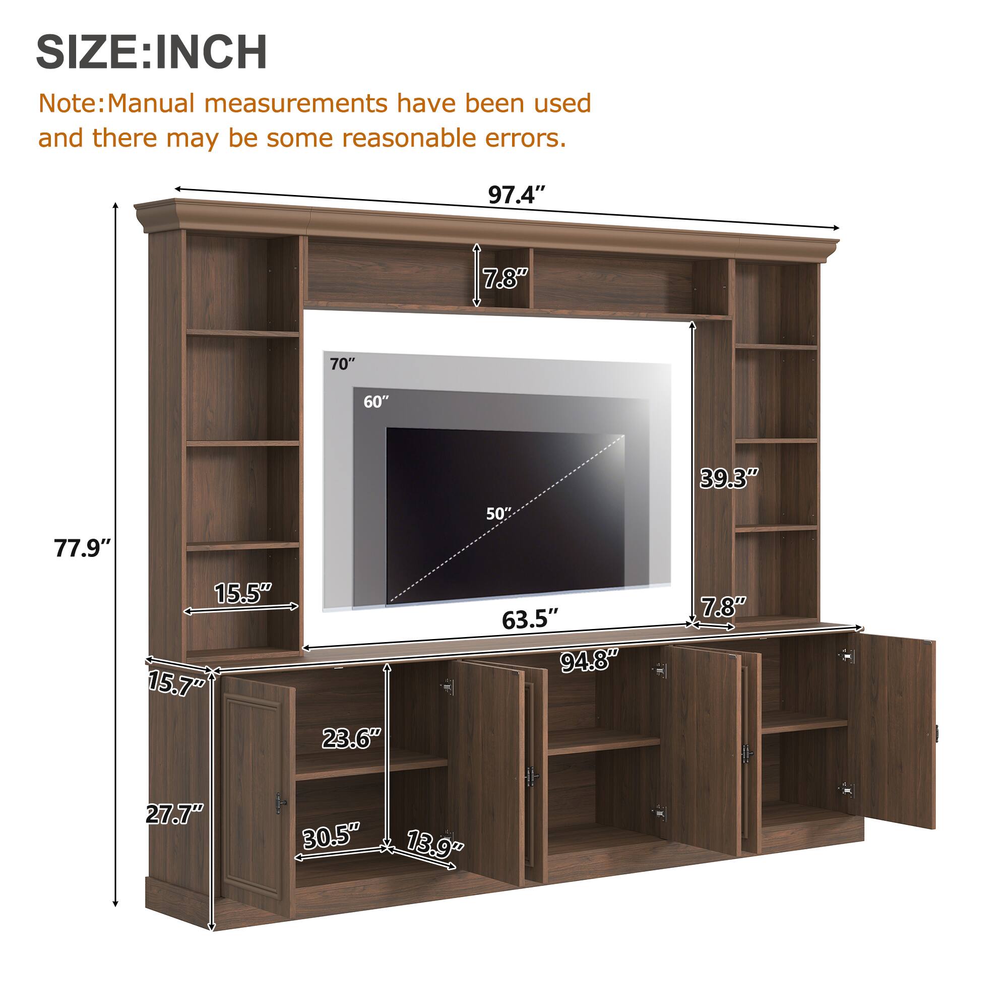 SIZE: INCH

Note: Manual measurements have been used and there may be some reasonable errors.

97.4"  
7.8"  
70"  
60"  
50"  
39.3"  
77.9"  
15.5"  
15.7"  
23.6"  
63.5"  
94.8"  
7.8"  
27.7"  
30.5"  
13.9"