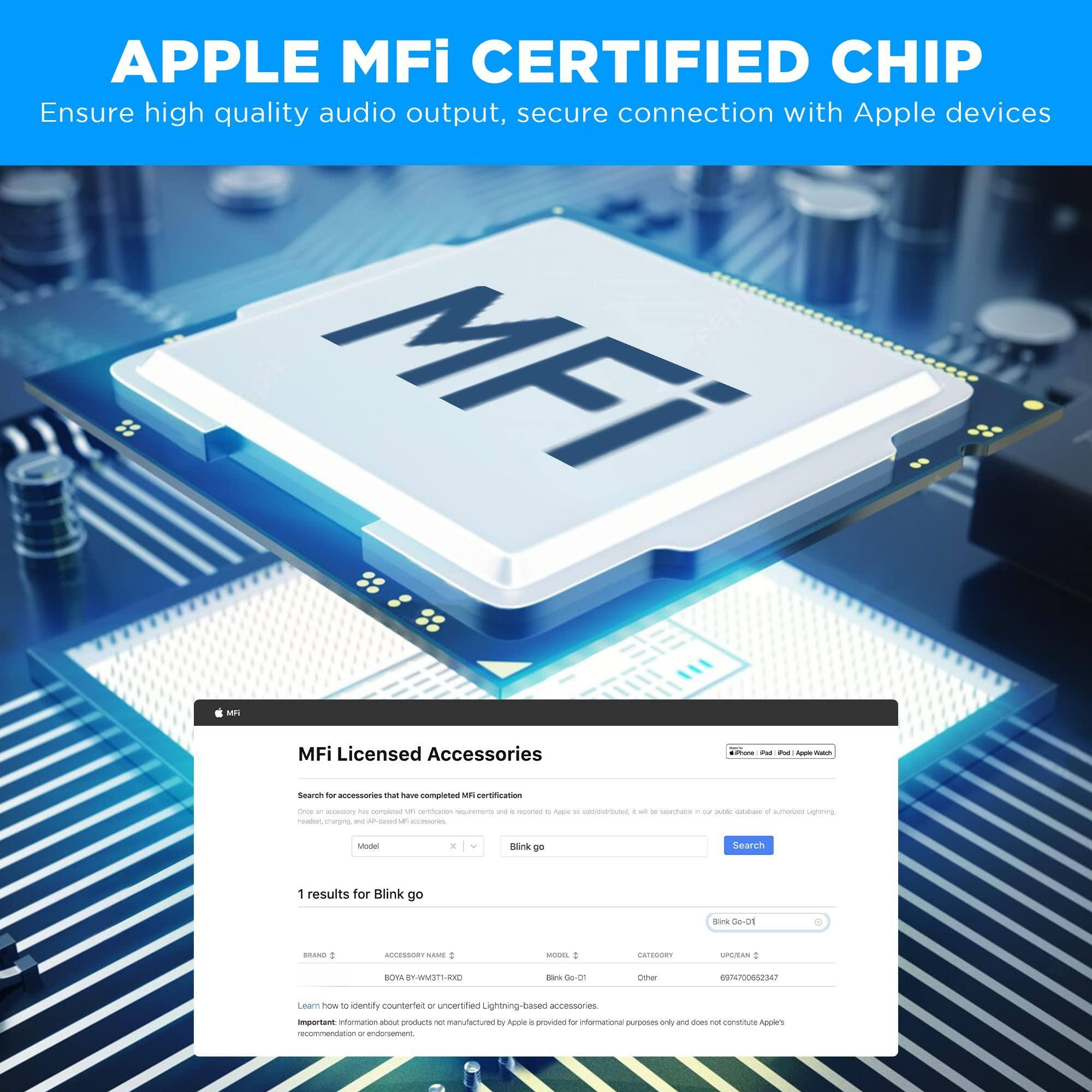 **APPLE MFi CERTIFIED CHIP**

Ensure high quality audio output, secure connection with Apple devices

---

**MFi Licensed Accessories**

Search for accessories that have completed MFi certification

One of the most important things you can do to ensure your accessory is compatible with Apple devices is to look for the MFi logo. This logo indicates that the accessory has been tested and certified by Apple to meet their strict requirements for quality, performance, and safety.

**Search**

**Model:** Blink go

**1 results for Blink go**

**BRAND:** BOYA

**ACCESSORY NAME:** BOYA-W97T-RX2

**MODEL:** Blink go-01

**CATEGORY:** Other

**UR-CODE:** 68707062347

---

Learn how to identify counterfeit or unverified Lightning-based accessories.

Important: Information about products not manufactured by Apple is provided for informational purposes only and does not constitute Apple's recommendation or endorsement.