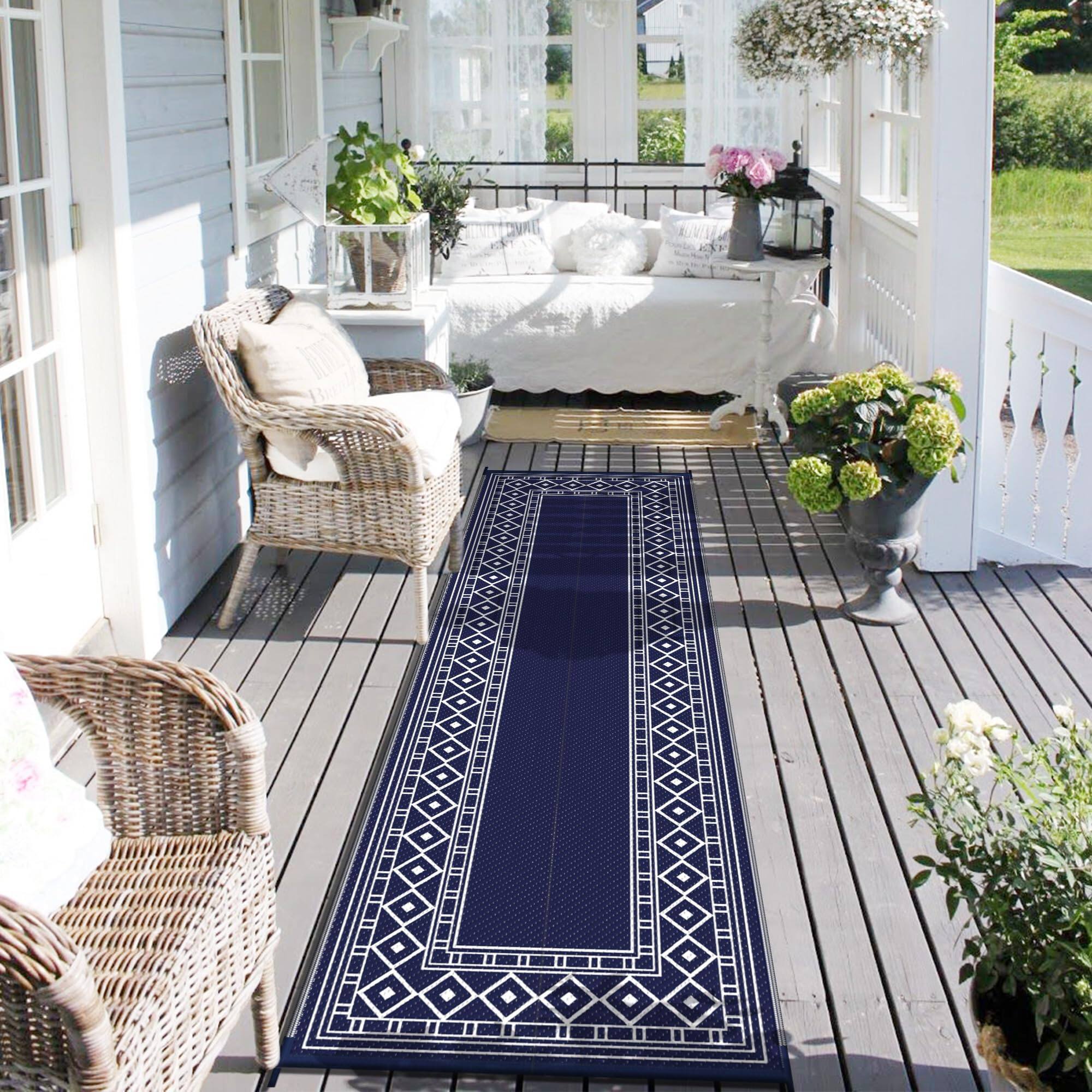 Left. Reds Spade - Outdoor Rug Waterproof For Patio 2.Foldable Reversible Plastic Straw Runner Carpet Porch Outside Area Mat R... - Navy Blue & White | Natural-2'6" x 8' (Runner).