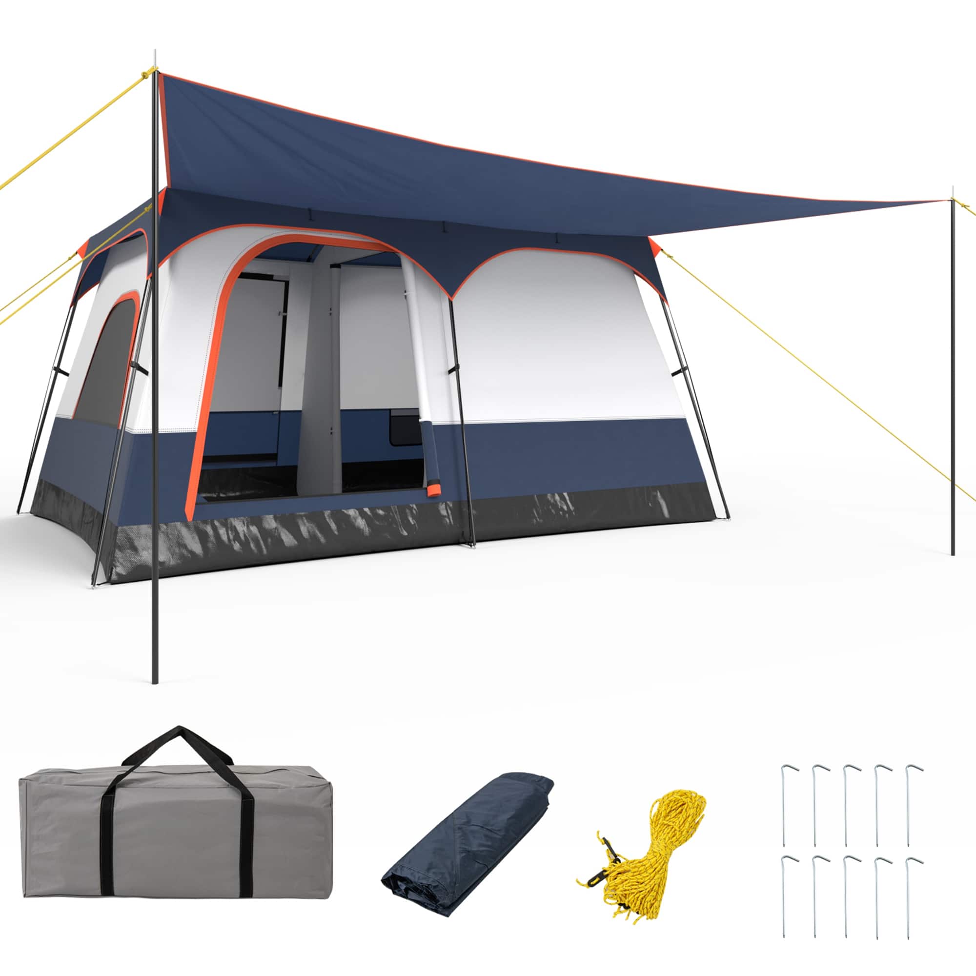 Gymax - 8-Person Camping Tent with Porch Large Family Cabin Tent w/ 2 Rooms 2 Doors - Blue