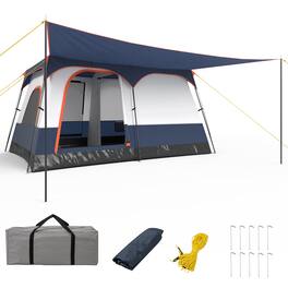 Gymax - 8-Person Camping Tent with Porch Large Family Cabin Tent w/ 2 Rooms 2 Doors - Blue