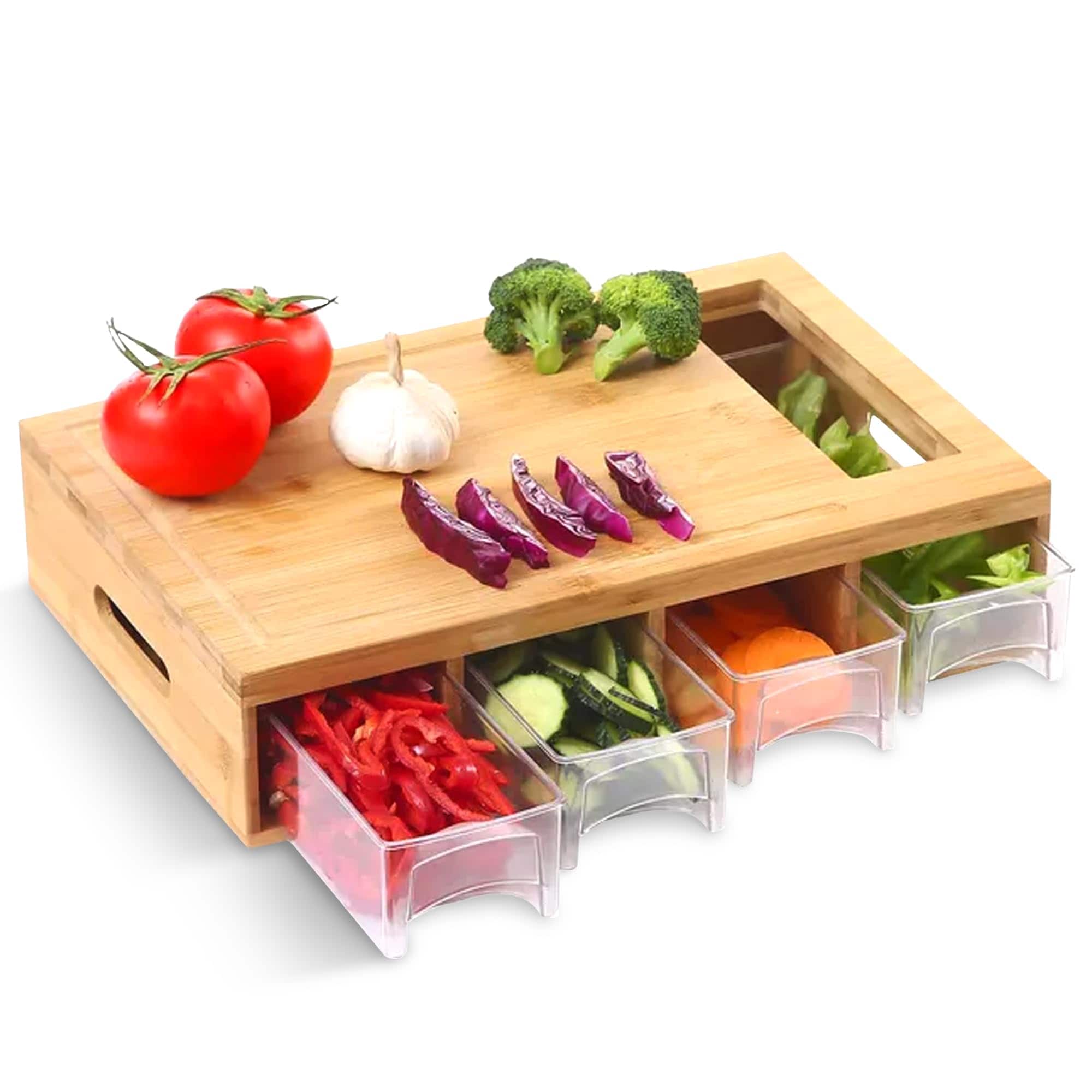 Cheer Collection - Wood Cutting Board with Four Removable Storage Trays - Natural Brown