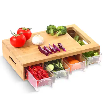 Front. Cheer Collection - Wood Cutting Board with Four Removable Storage Trays - Natural Brown.