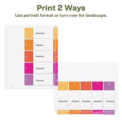 Print 2 Ways  
Use portrait format or turn over for landscape.

1. Overview  
2. Policies  
3. Benefits  
4. Calendar  
5. Training  

Overview Policies Benefits Calendar Training