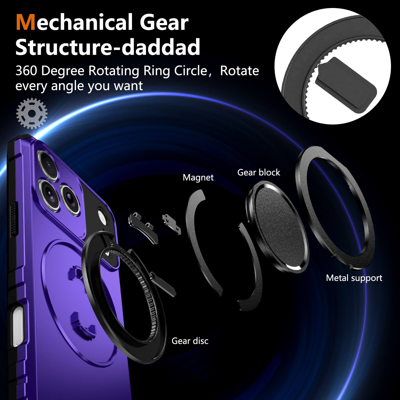 Mechanical Gear Structure-daddad  
360 Degree Rotating Ring Circle, Rotate every angle you want  

- Magnet  
- Gear block  
- Metal support  
- Gear disc