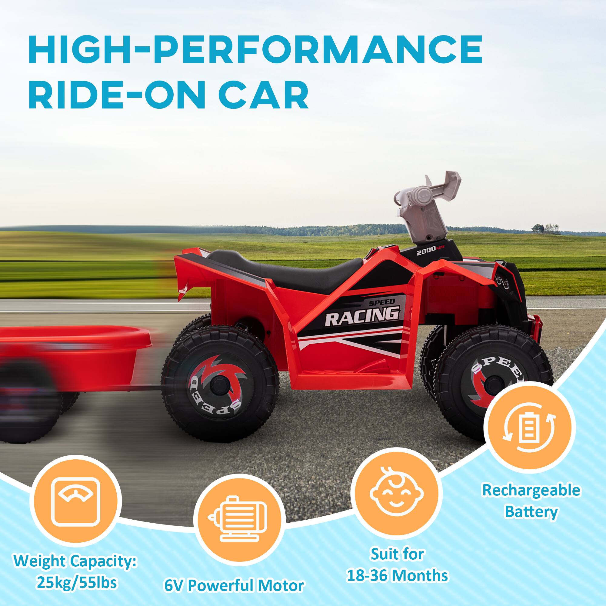 HIGH-PERFORMANCE RIDE-ON CAR

- Weight Capacity: 25kg/55lbs
- 6V Powerful Motor
- Rechargeable Battery
- Suit for 18-36 Months