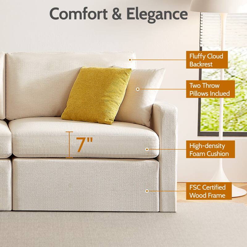 Comfort & Elegance: Fluffy Cloud Backrest, Two Throw Pillows Included, 7" High-density Foam Cushion, FSC Certified Wood Frame.