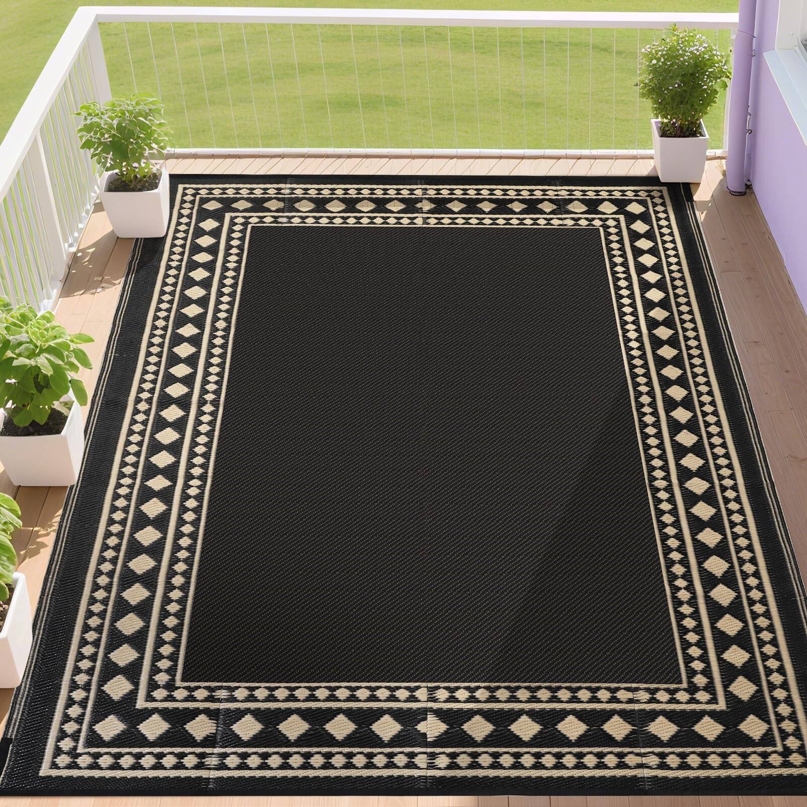 Reds Spade - Outdoor Rug Waterproof For Patio Clearance Large Plastic Straw Mat Camping Porch Rv Reversible Light Coffee - 2 Frame-black&beige-9' x 12' (Rectangular)