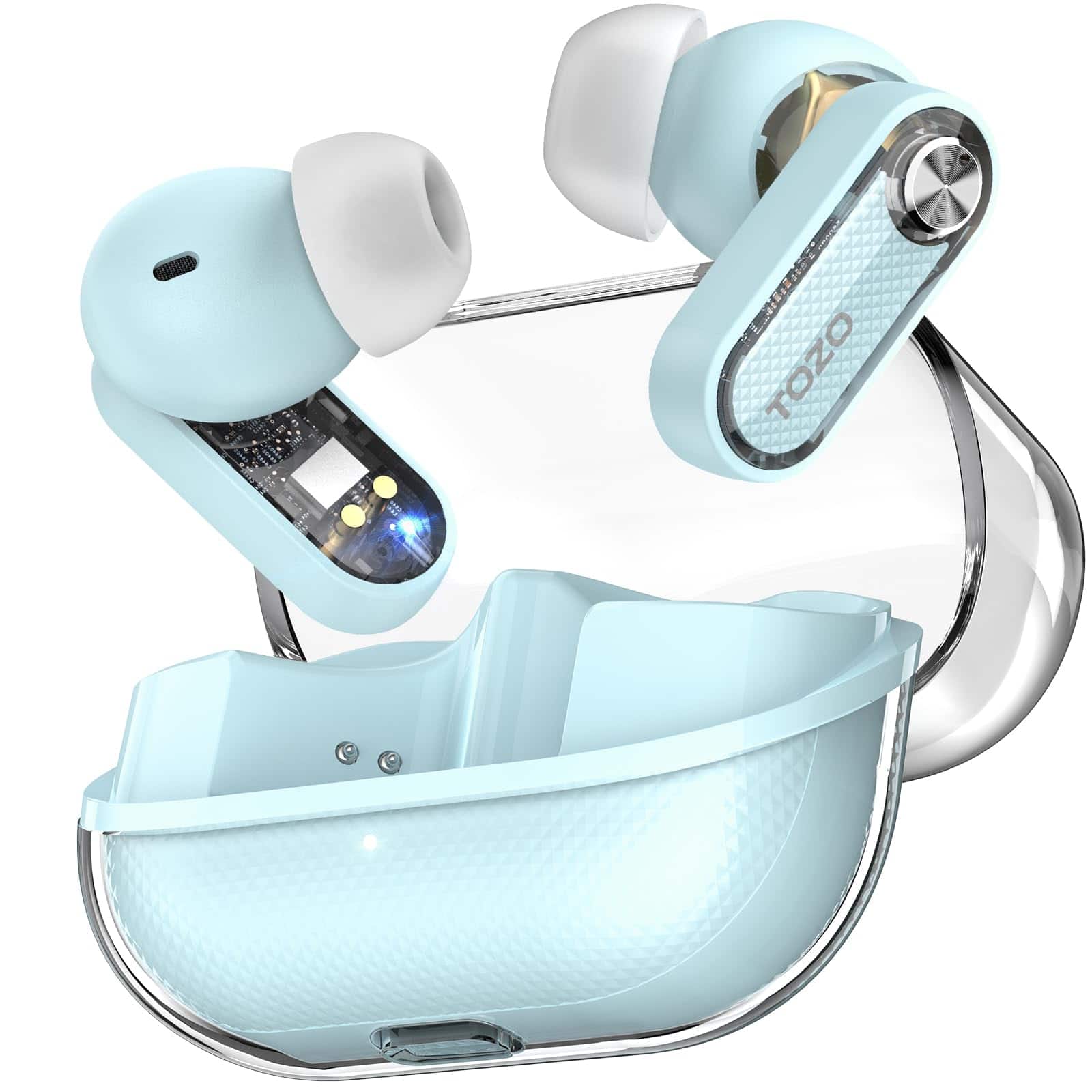 TOZO - Hybrid ANC Wireless Earbuds, 10mm Drivers Deep Bass, 4 Mics ENC AI Calls, 32 EQ, Bluetooth 5.4, Crystal Case - Blue