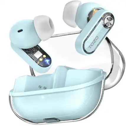 Front. TOZO - TOZO Hybrid ANC Wireless Earbuds, 10mm Drivers Deep Bass, 4 Mics ENC AI Calls, 32 EQ, Bluetooth 5.4, Crystal Case - Blue.
