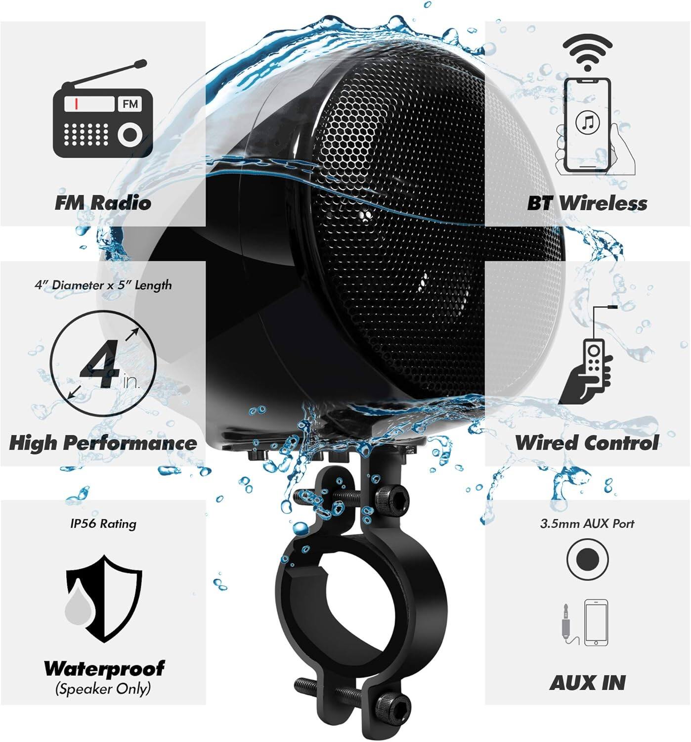 FM Radio  
BT Wireless  
4" Diameter x 5" Length  
4 in. High Performance  
Wired Control  
IP56 Rating  
Waterproof (Speaker Only)  
3.5mm AUX Port  
AUX IN