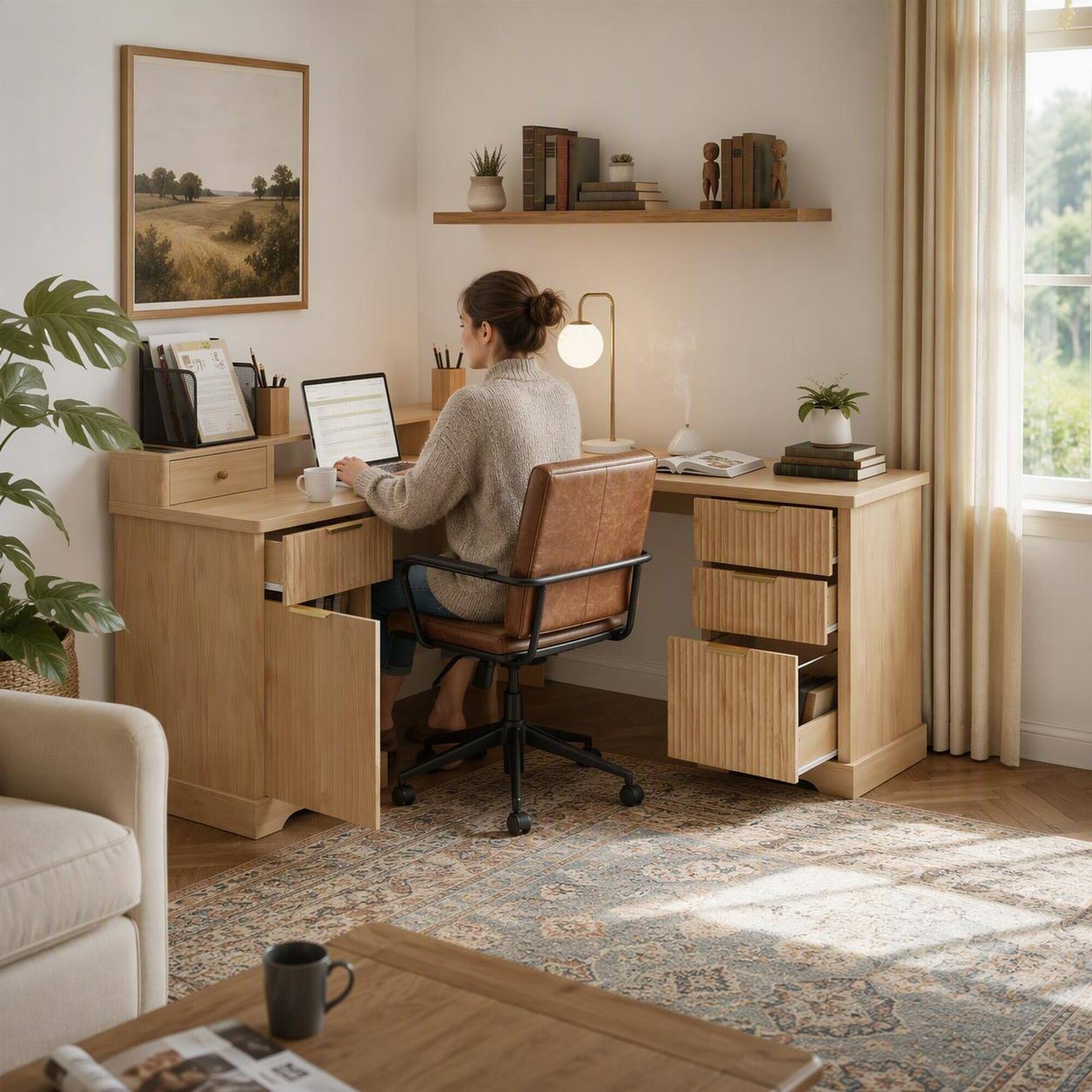 Angle. RYHNUYNE - 59.45 in L-Shaped Desk with Charging Station, Fluted Oak Finish, Storage Cabinet and Monitor Stand, Home Office Corner - Light Oak.
