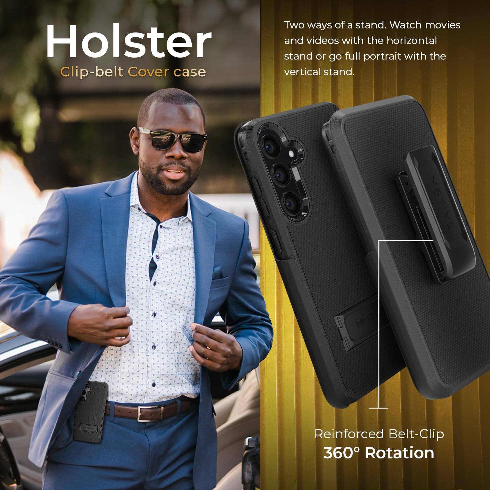 Holster  
Clip-belt Cover case  

Two ways of a stand. Watch movies and videos with the horizontal stand or go full portrait with the vertical stand.  

Reinforced Belt-Clip 360° Rotation