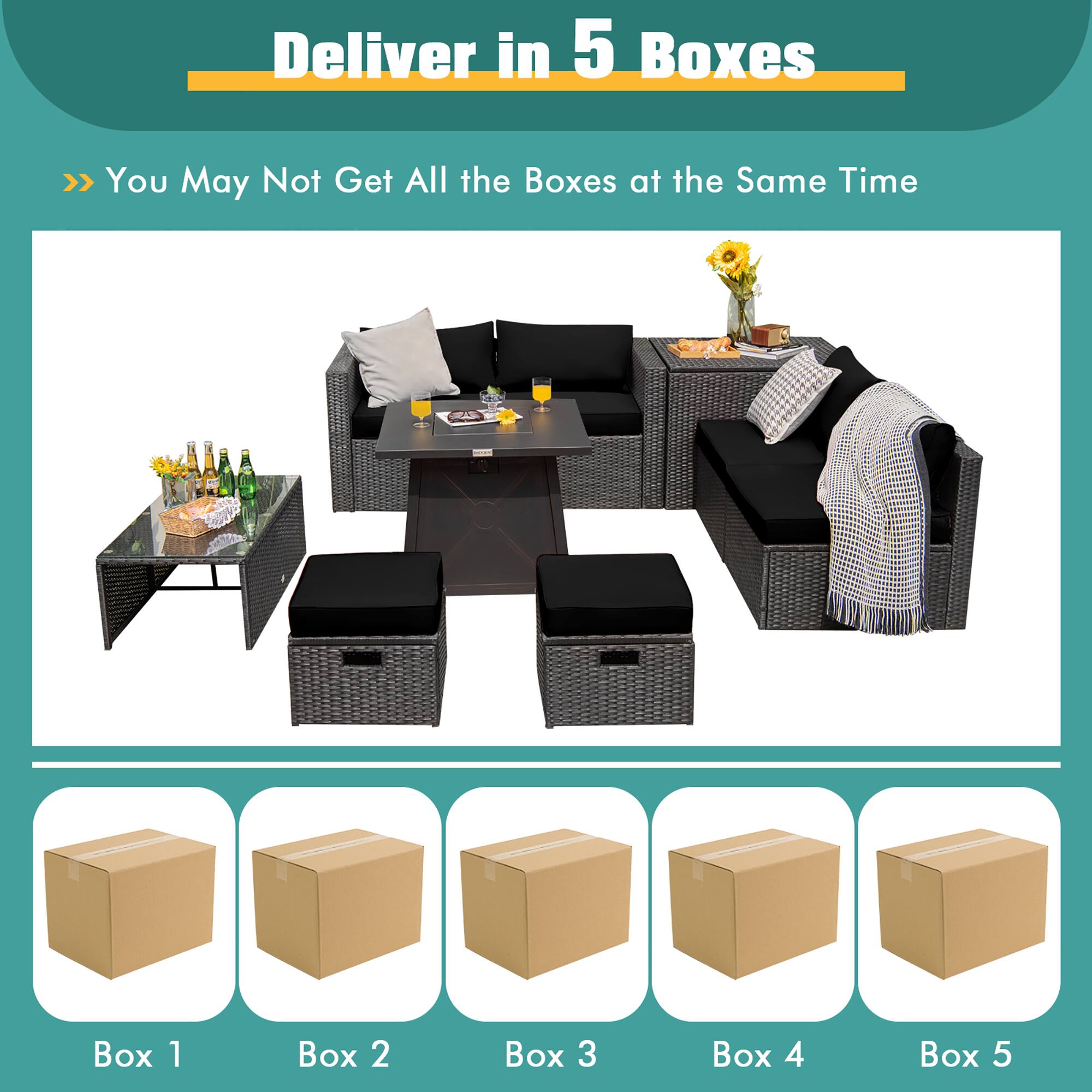 Deliver in 5 Boxes  
>> You May Not Get All the Boxes at the Same Time  

Box 1  
Box 2  
Box 3  
Box 4  
Box 5