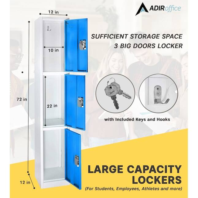 ADIR office, SUFFICIENT STORAGE SPACE, 3 BIG DOORS LOCKER, 72 in, 22 in, with Included Keys and Hooks, LARGE CAPACITY LOCKERS (For Students, Employees, Athletes and more), 12 in, 10 in