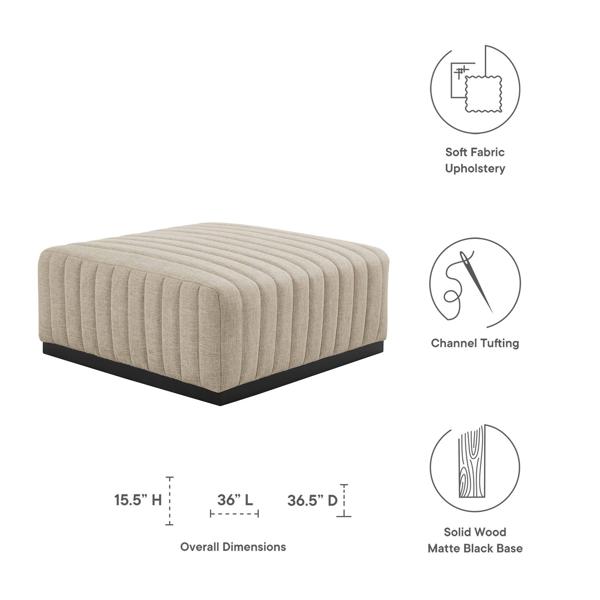 Soft Fabric Upholstery  
Channel Tufting  
Solid Wood Matte Black Base  

Overall Dimensions:  
Height (H): 15.5"  
Length (L): 36"  
Depth (D): 36.5"