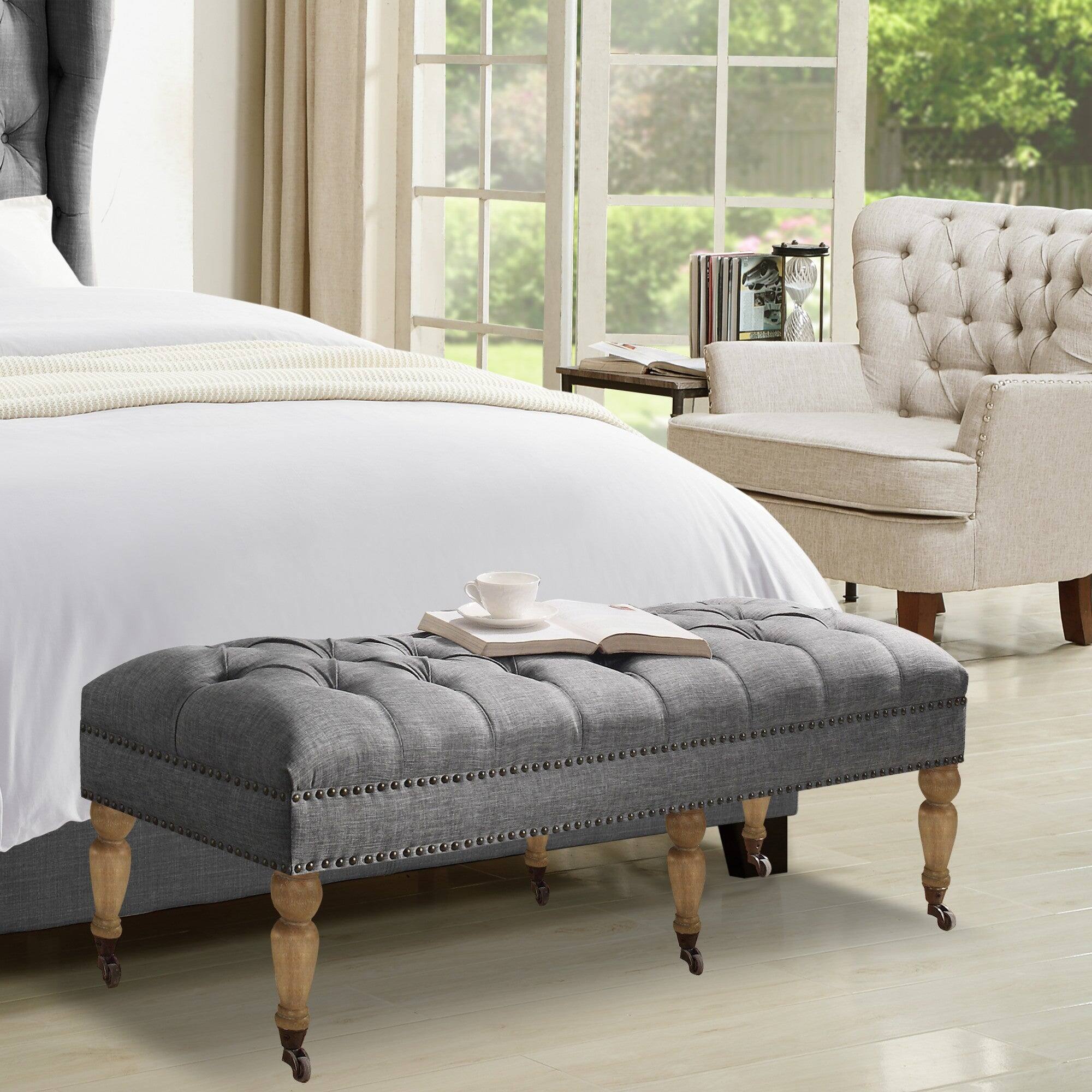 Alt View 1. Boyel Living - Large Tufted Linen Bench with Nailhead Trim and Solid Wood Legs - Light Gray.