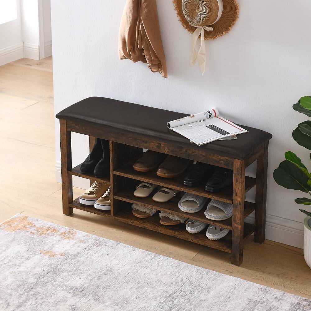 Left. Ropilly - Ropilly Vintage Rubberwood Shoe Changing Bench Entryway Storage Bench with PU Leather Seat - Vintage.