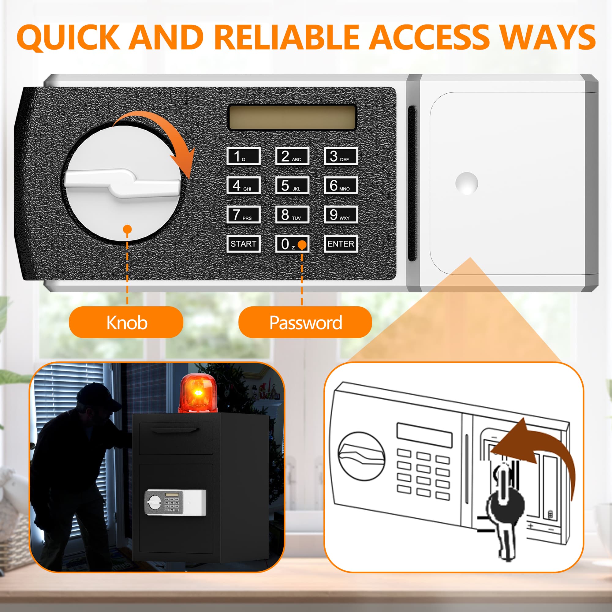 QUICK AND RELIABLE ACCESS WAYS

1. Knob
2. Password

1. 2 ABC
2. 3 DEF
3. 4 GHI
4. 5 JKL
5. 6 MNO
6. 7 PQRS
7. 8 TUV
8. 9 WXYZ
9. 0
0. ENTER