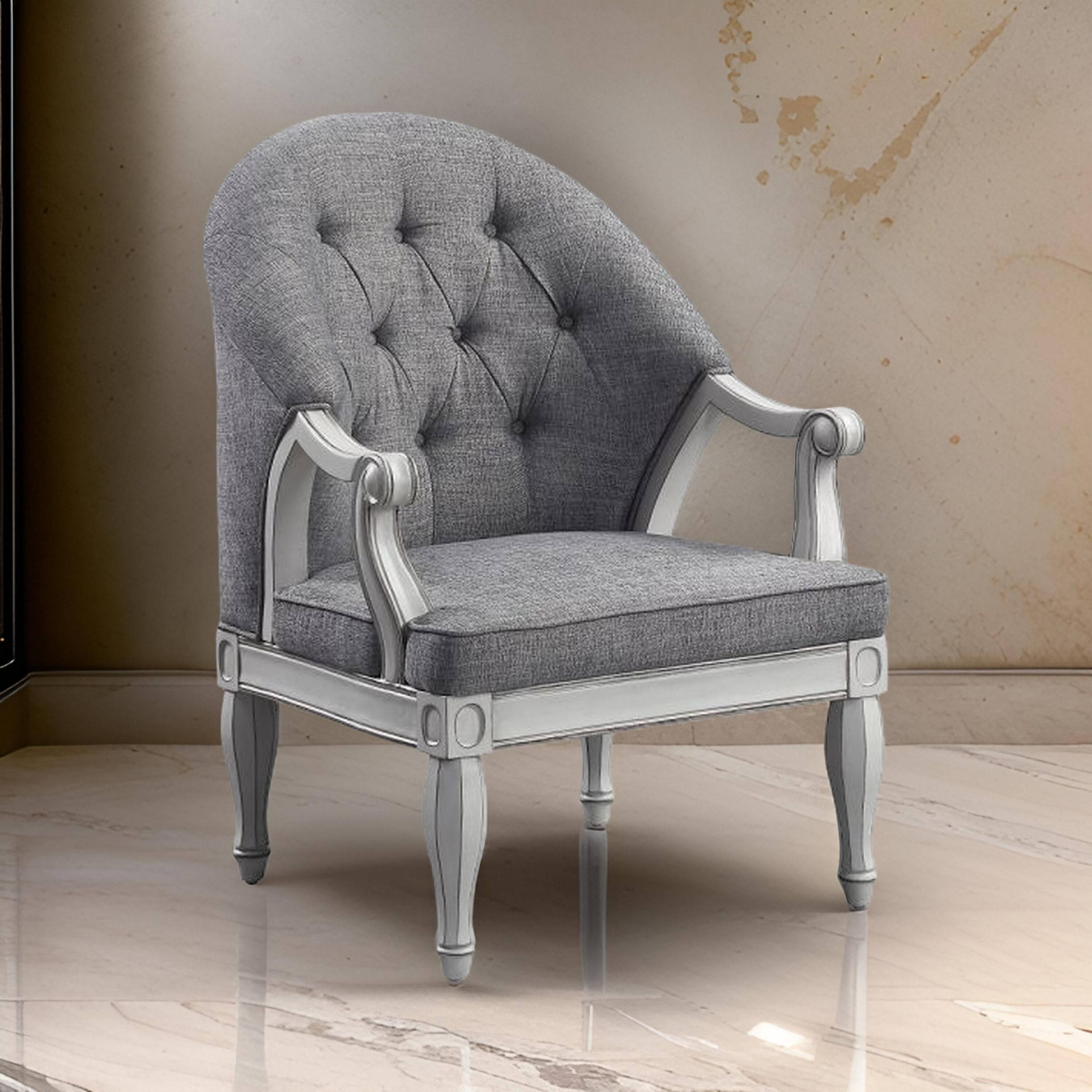 Alt View 5. Manhattan Lane - Fil 32 Inch Armchair, Tufted Backrest, Fabric Upholstery, Poplar Wood - Gray, White.