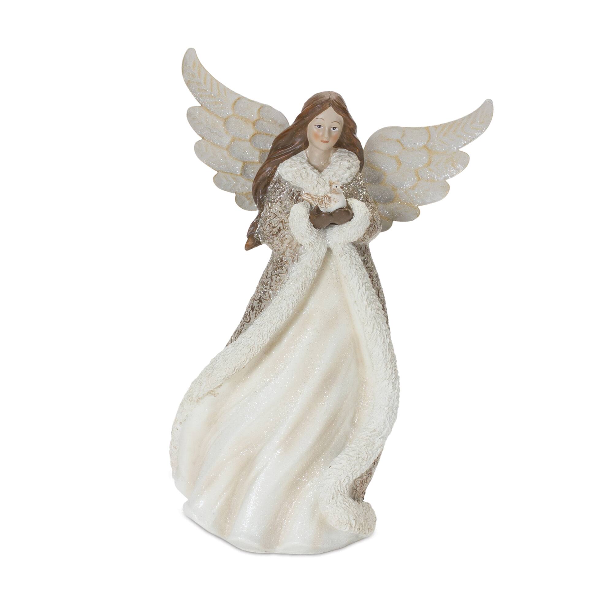 Left. BreeBe - Winter Angel Figurine with Bird Accent (Set of 2) - Champagne, Brown.