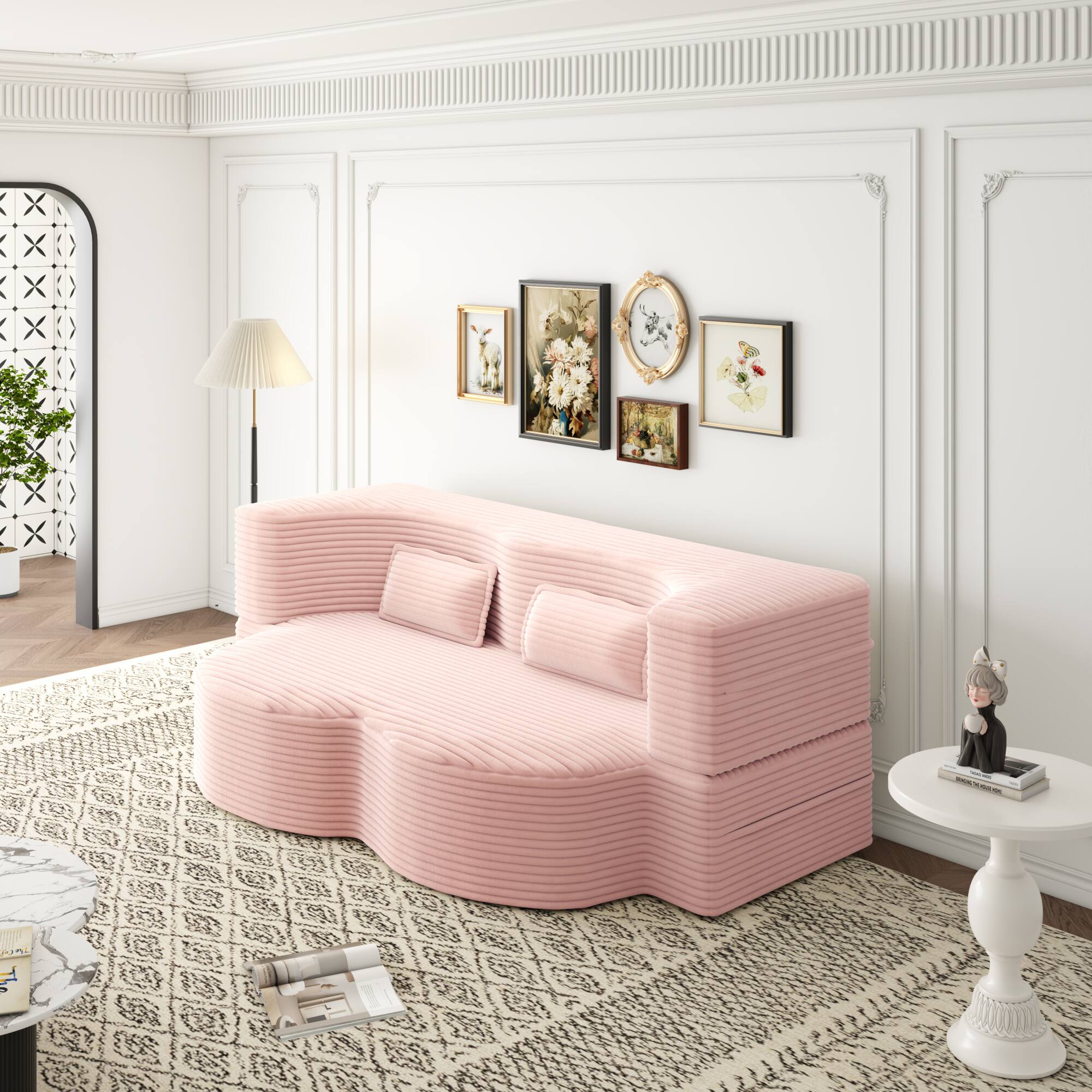 Angle. GOODSILO - Convertible Plush Corduroy Floor Sleeper Sofa with Dual Pillows for Living Room and Guest Use - Baby Pink.