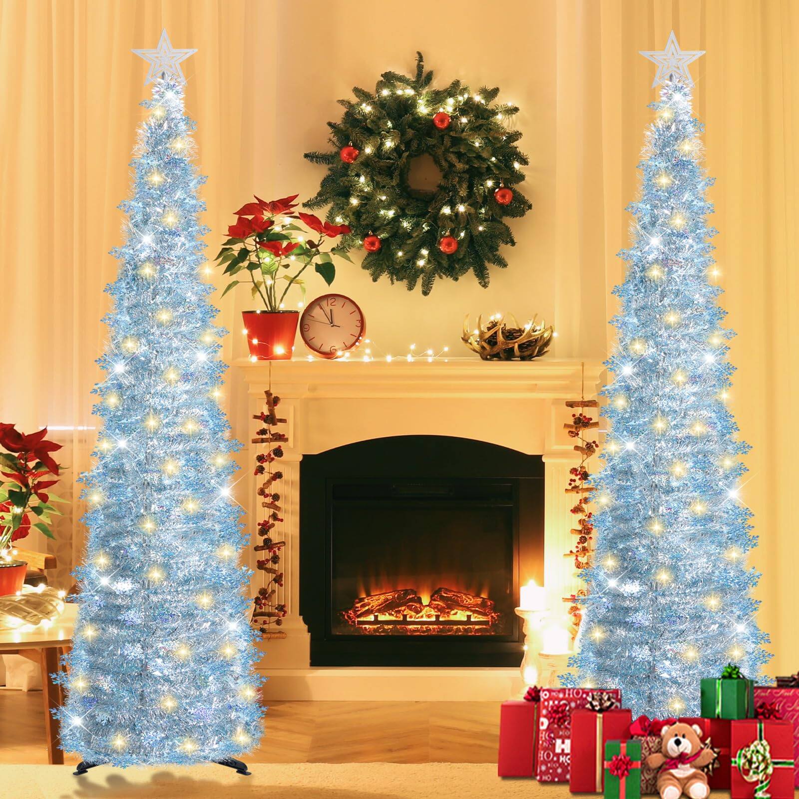 Alt View 2. Skar Audio - Pop Up Christmas Tree With 100 Led Timer Lights & Remote Collapsible Tinsel Artificial Pencil - Dark Green - White Edges 5ft.