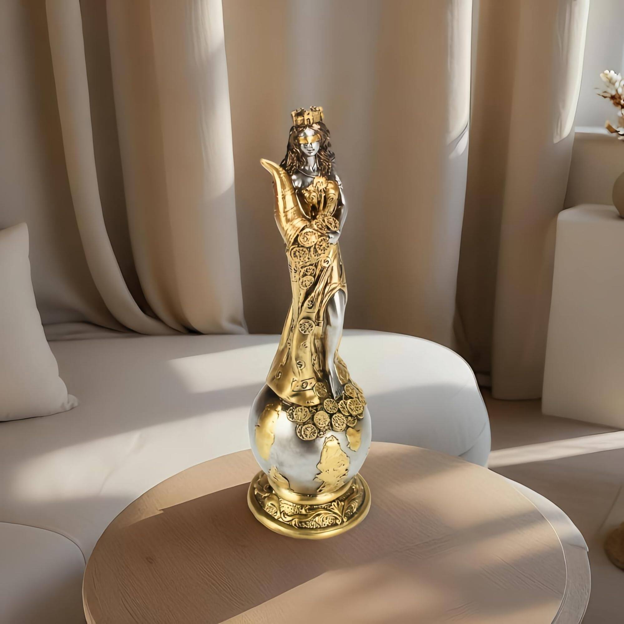 Alt View 4. Refined Abode Design - 9. Fortuna Greek Goddess Of Fortune Statue Mother Freya On Globe Sculpture Home Decor Ancient Rosmerta - Silver and Gold.