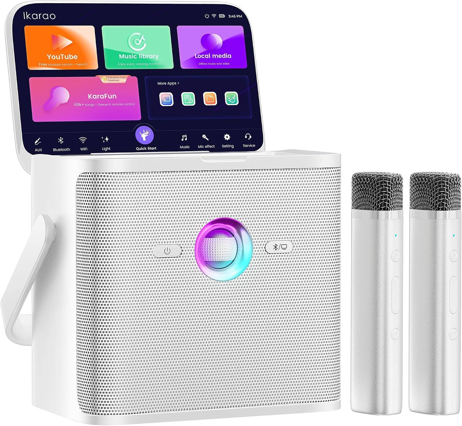 Ikarao

3:45 PM

YouTube Free karaoke version - Search
Music library Enjoy every relaxing moment
Local media Offline - 600 wass

More Apps
KaraFun BOX+ 60k+ songs - Queue & remote control

AUX
Bluetooth
WiFi
Light
Quick Start
Music
Mic effect
Settings

Service