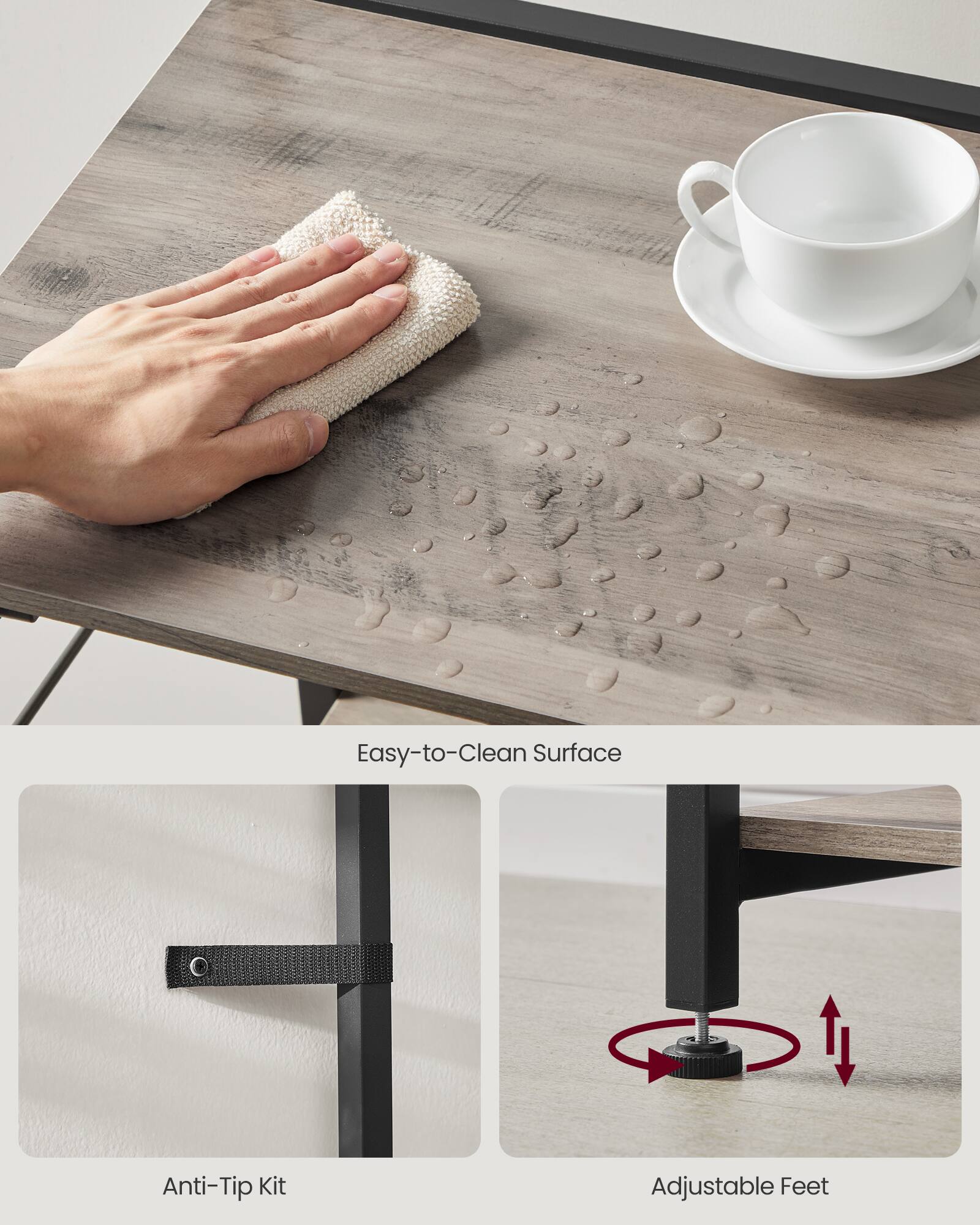 Easy-to-Clean Surface  
Anti-Tip Kit  
Adjustable Feet