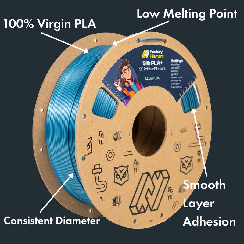 100% Virgin PLA Low Melting Point  
Factory Filament PLA+ Settings  
Silk N Smp Filament  
205-215 C  
3D Printer Filament  
Made in USA  
Consistent Diameter  
Smooth Layer Adhesion