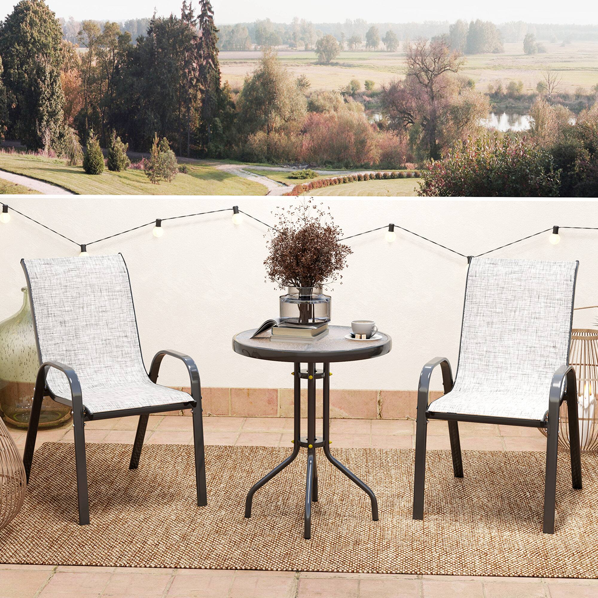 Alt View 1. Outsunny - 3 Pieces Outdoor Bistro Set, Small Patio Set with Stackable Mesh Chairs and Glass Top Table - Gray.