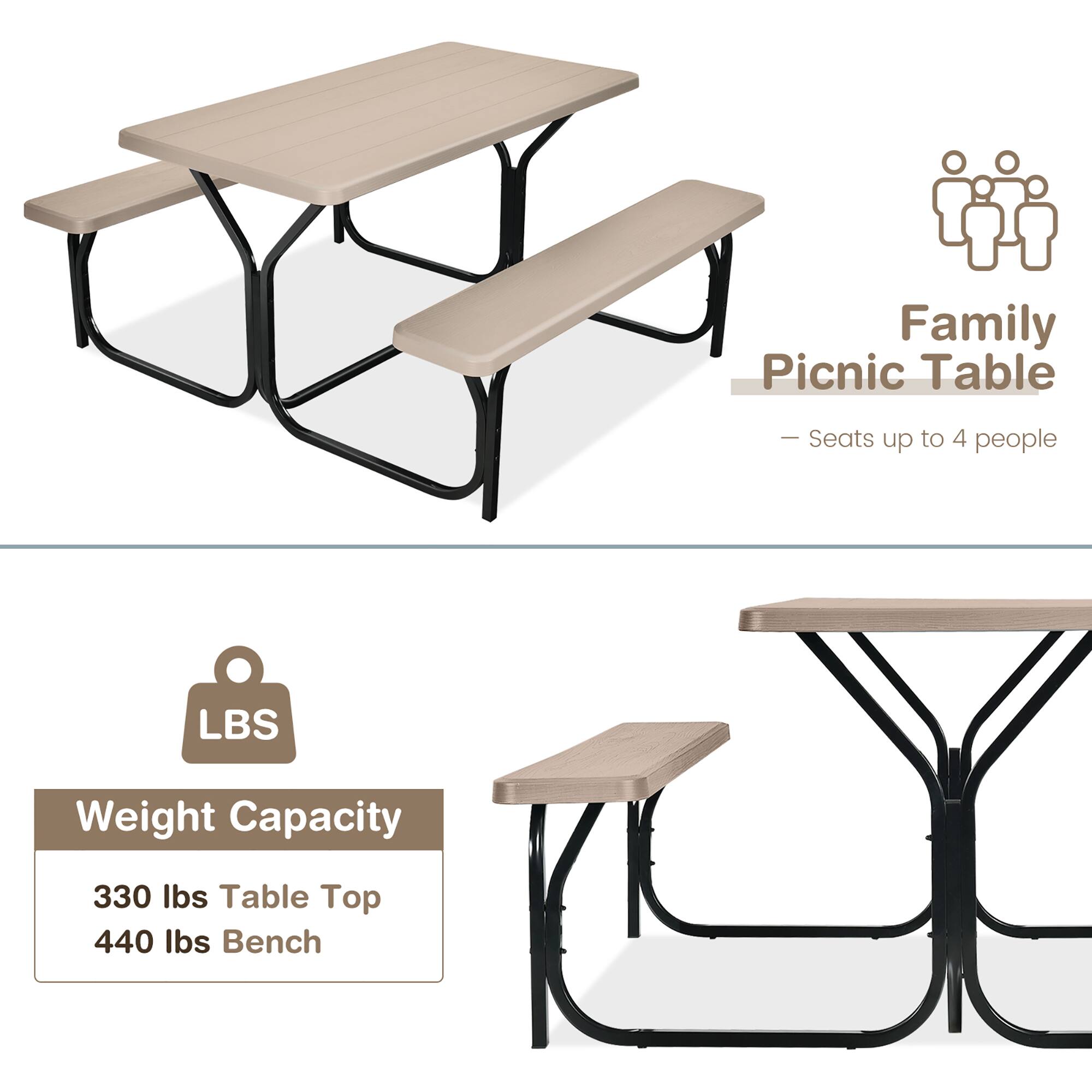 Family Picnic Table  
- Seats up to 4 people  

Weight Capacity  
- 330 lbs Table Top  
- 440 lbs Bench