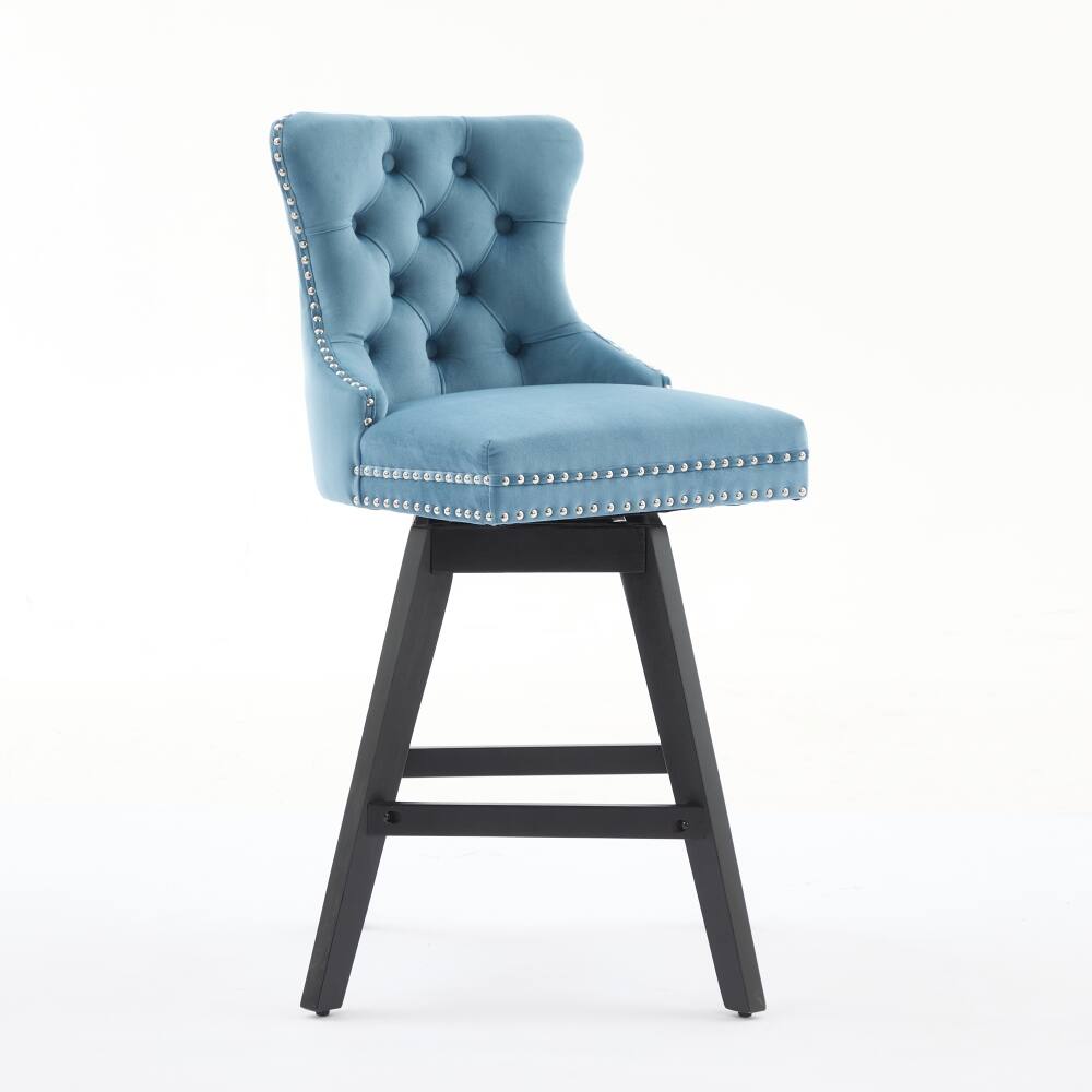 Back. Loheer - Loheer Swivel Velvet Barstools Set of 2 Light Blue Button Tufted Bar Chairs Wooden Legs Chrome Nailhead Trim - Light Blue.