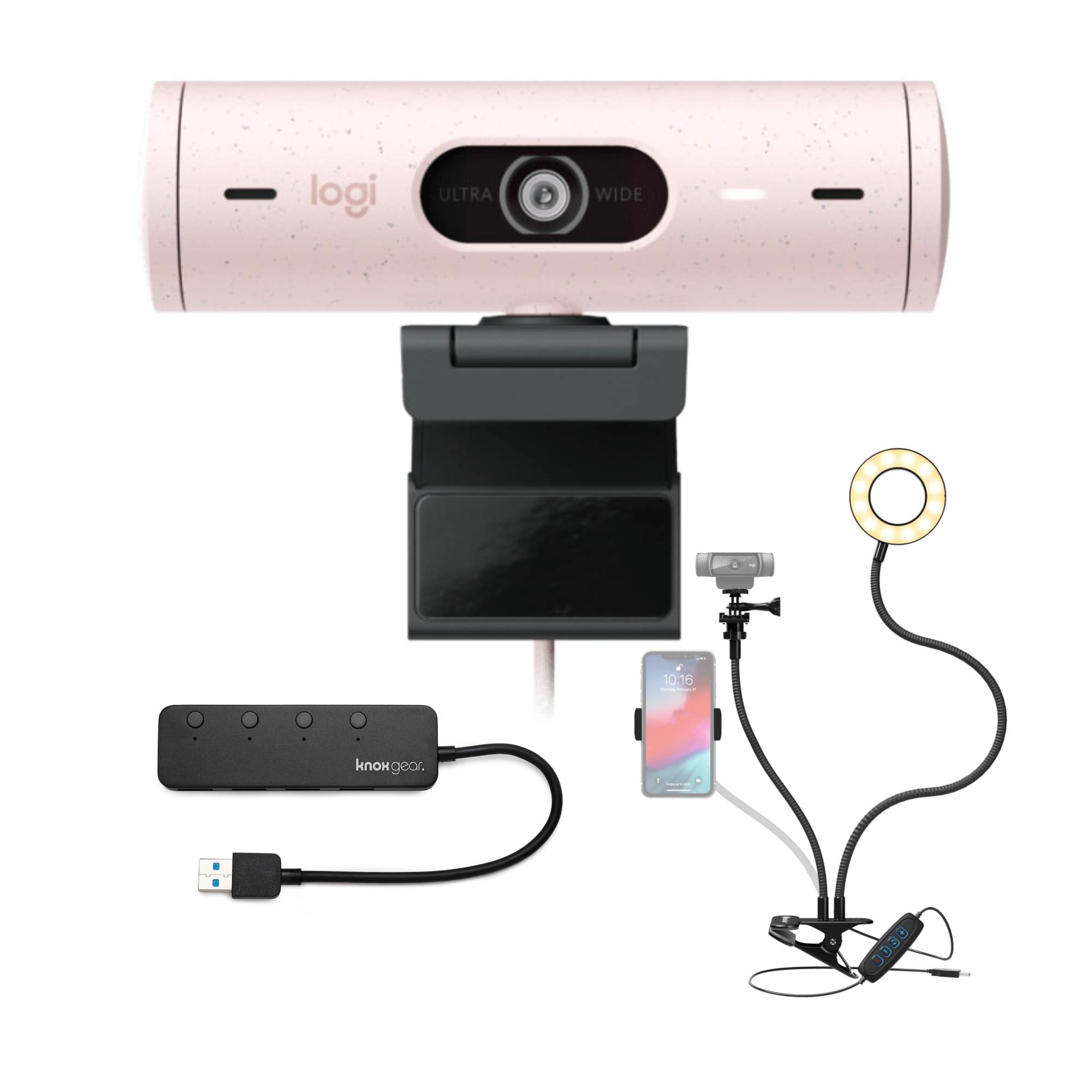 Logitech - Brio 500 Webcam with Selfie Ring Light Stand and USB Hub (Rose)