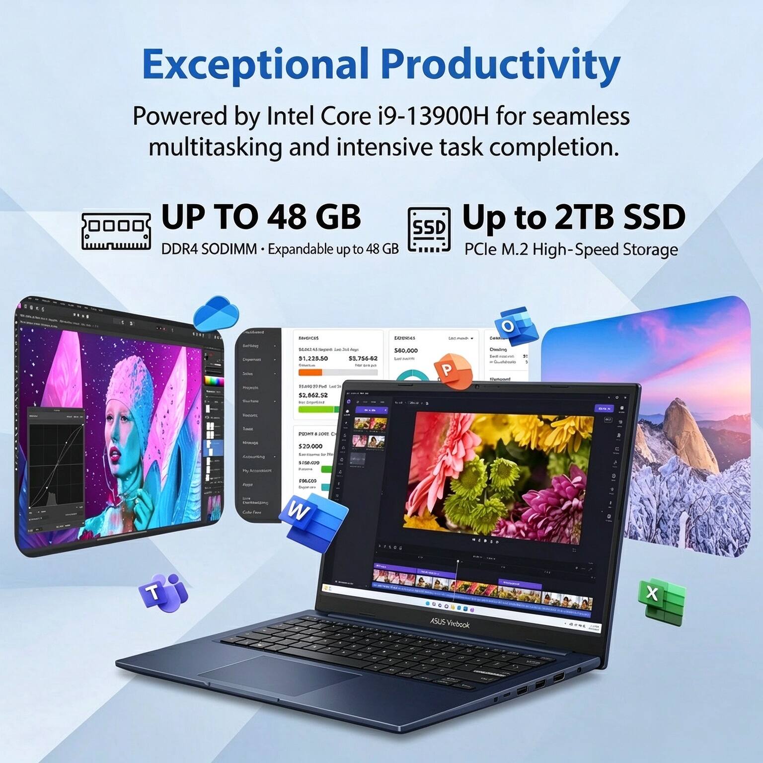 Exceptional Productivity Powered by Intel Core i9-13900H for seamless multitasking and intensive task completion.

UP TO 48 GB DDR4 SODIMM - Expandable up to 48 GB
Up to 2TB SSD PCIe M.2 High-Speed Storage

Betting Dipervati Salva MONDE Curbow
DOCH SUGAR Serving Les by $1,225.50 $3,756.62 Filke - SHEM $2,662.52 Digetar
terron $60,000 Luctures LAF
Loc.man P
O Calcium Desing bel NEWS t: - Chole .. Colonal

Tumbi
PICNT: 1001 D
MIRROCK $20,000 LanGums 4 browning SIGNOVO 3 ALLINACION 096.000 Sype Sugariors Durking Cake

WEDER
: 0 D
T
OOO ASUS Viebook