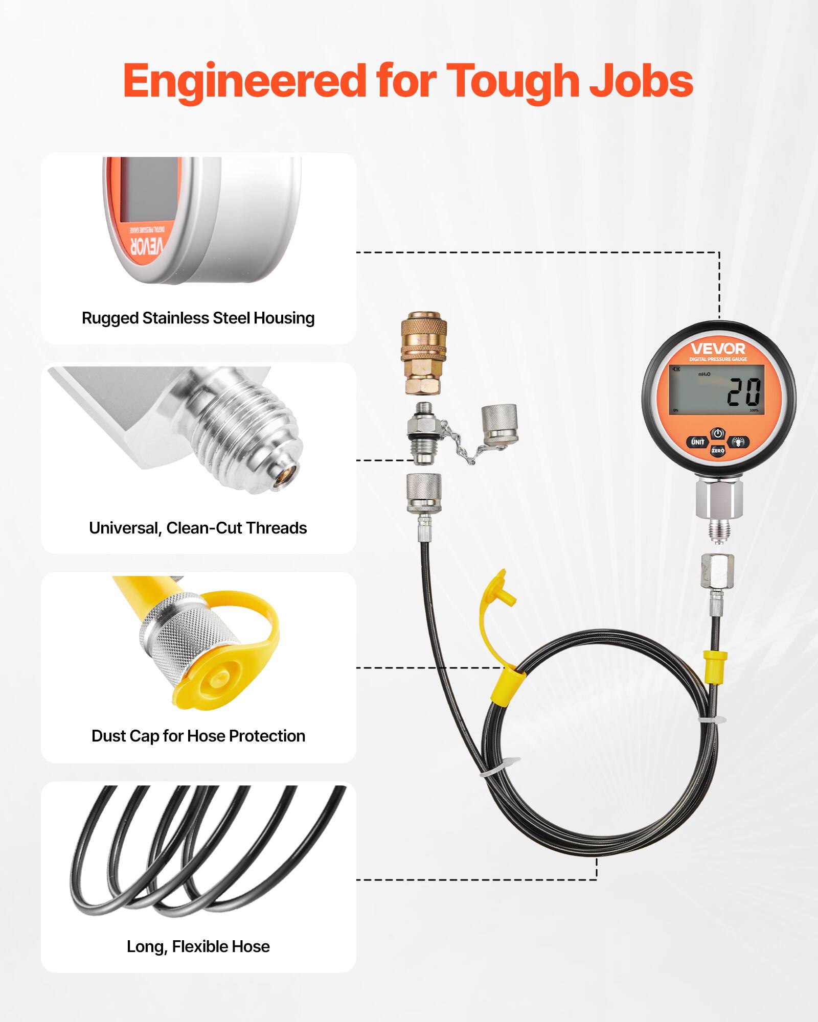 Engineered for Tough Jobs

- Rugged Stainless Steel Housing
- Universal, Clean-Cut Threads
- Dust Cap for Hose Protection
- Long, Flexible Hose