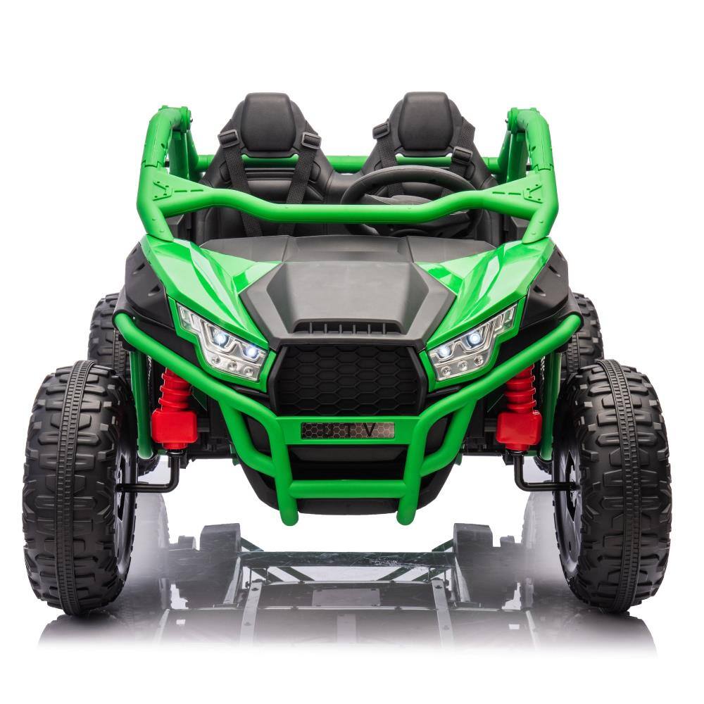 Angle. BreeBe - 24V Two-Seater Kids ride on UTV with Parental Control, 400W, Suspension, Bluetooth, USB, LED, Horn, Storage, Ages 3+ - Green.