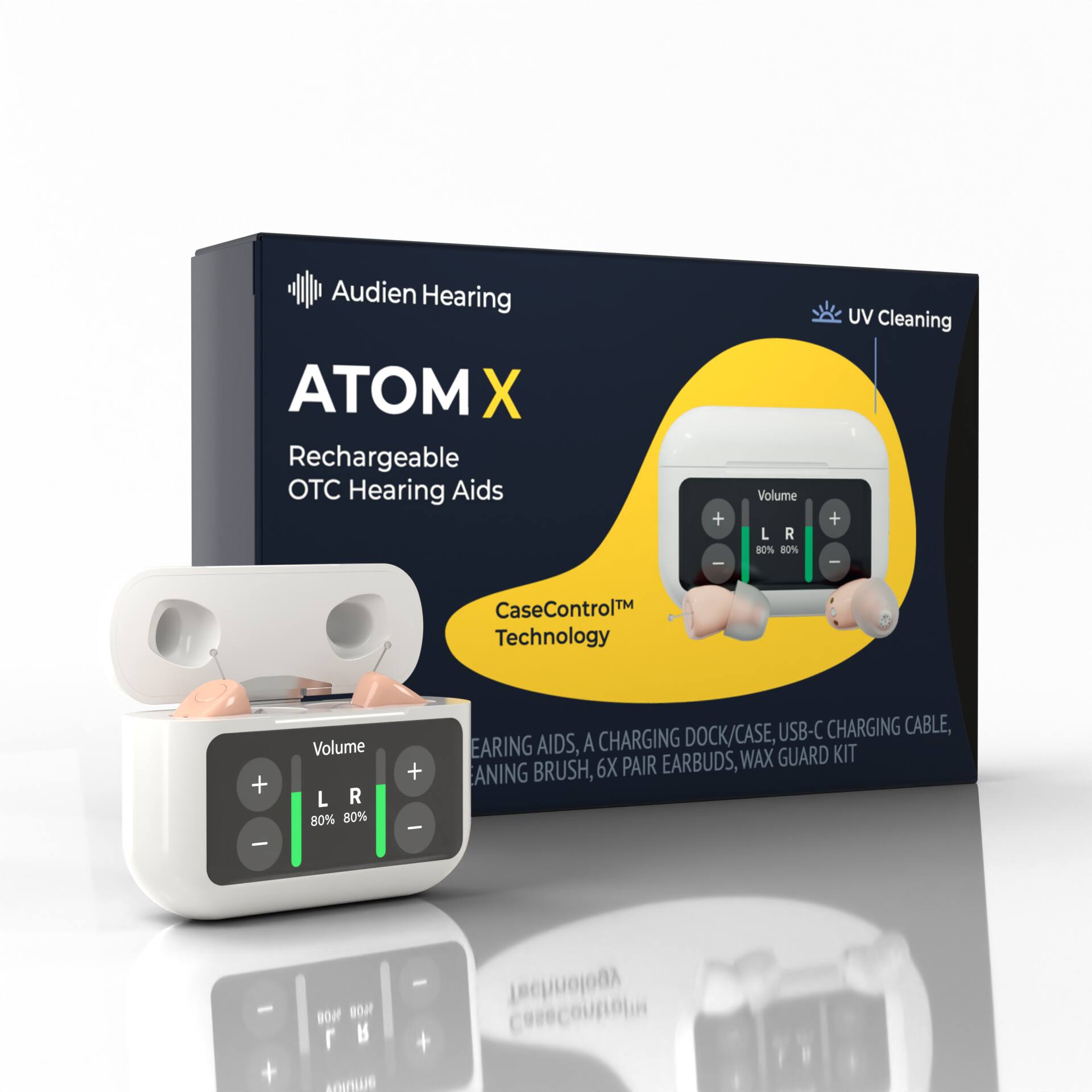 Audien Hearing  
ATOM X  
Rechargeable OTC Hearing Aids  

- UV Cleaning  
- CaseControl™ Technology  

Includes:  
- Hearing Aids  
- Charging Dock/Case  
- USB-C Charging Cable  
- Wax Guard Kit  
- 6x Pair Earbuds  
- Cleaning Brush  

Volume L R 80% 80%