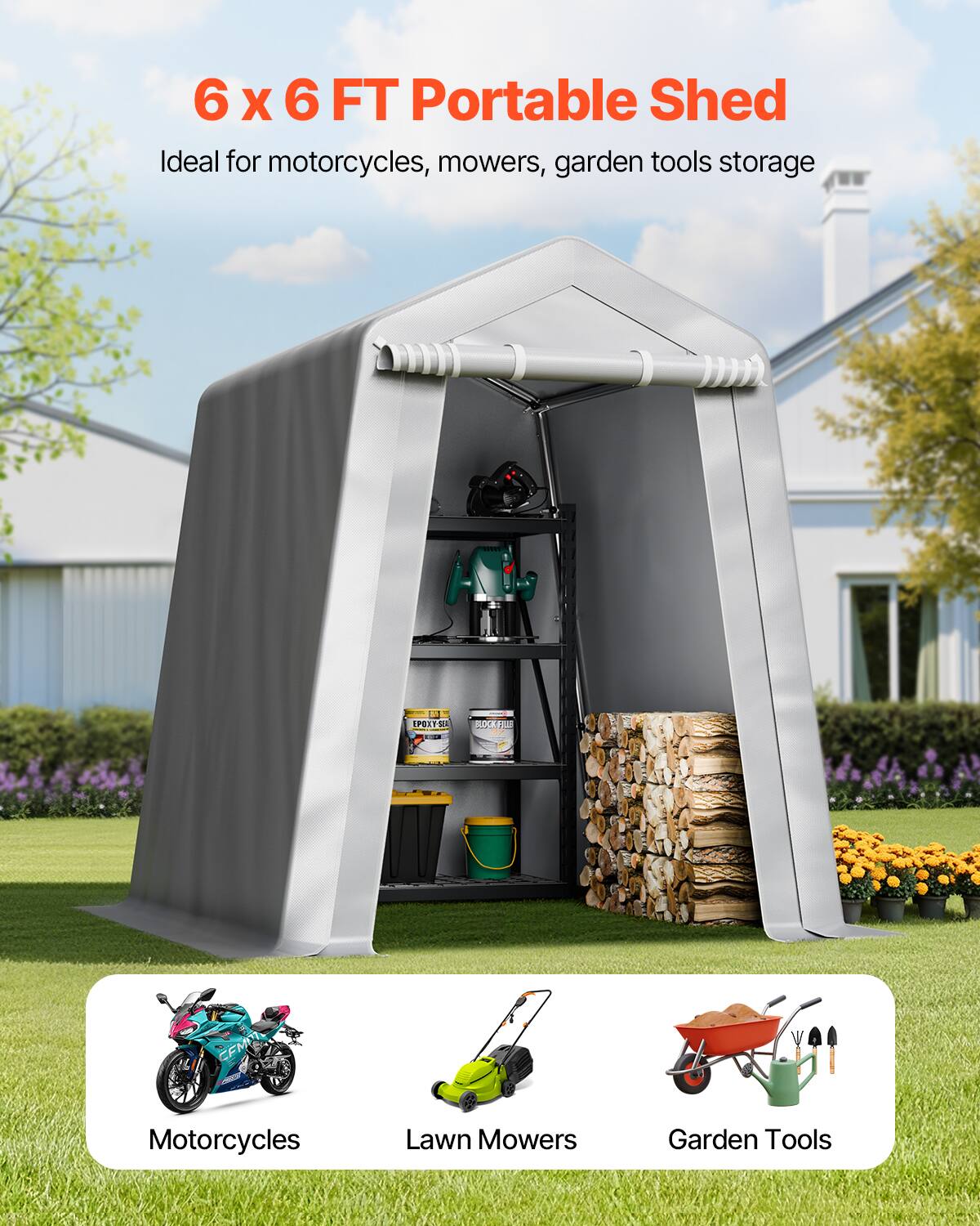 6 X 6 FT Portable Shed Ideal for motorcycles, mowers, garden tools storage

Motorcycles
Lawn Mowers
Garden Tools