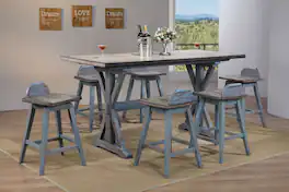 Kings Brand Furniture - Set of 2 Swivel Counter Stools Distressed Gray & Blue Wash Solid Wood Seats - Distressed Grey, Blue Wash