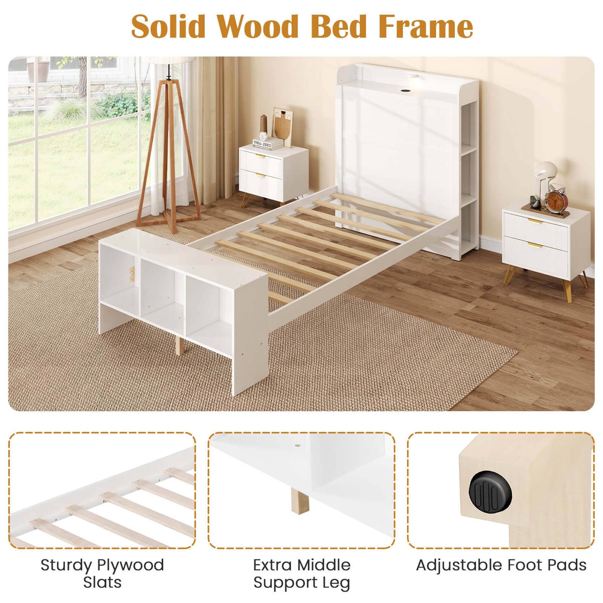 Solid Wood Bed Frame F -2W0 Sturdy Plywood Slats Extra Middle Support Leg Adjustable Foot Pads