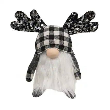 Front. BreeBe - Black & White Buffalo Check Sequin Mini Reindeer Gnome - Multi.