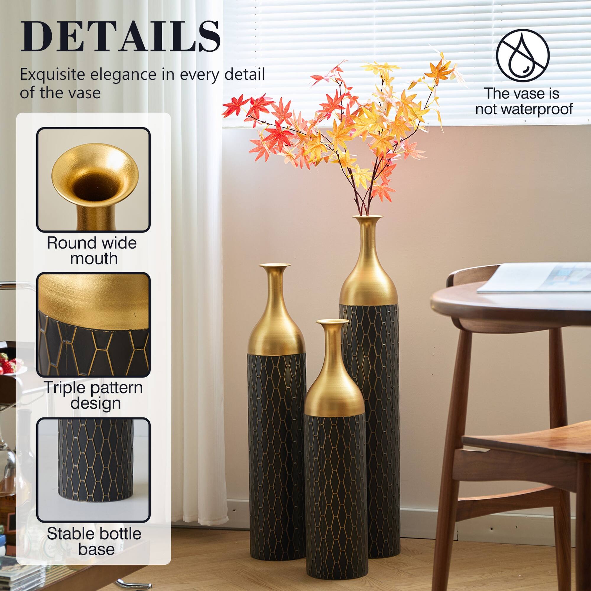 DETAILS

Exquisite elegance in every detail of the vase

- Round wide mouth
- Triple pattern design
- Stable bottle base

The vase is not waterproof