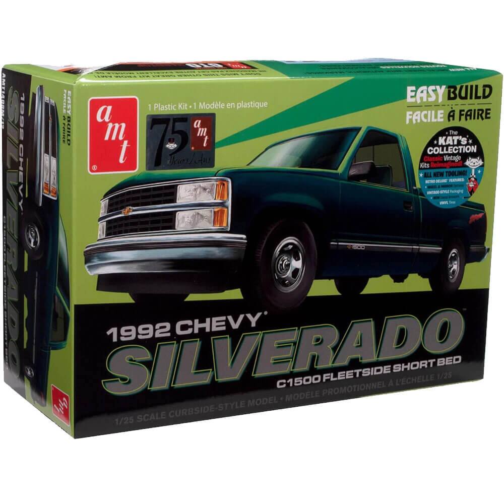 Sure, here is the corrected and grouped text from the image:

---

**AMT**

**1992 CHEVY SILVERADO C1500 FLEET SIDE SHORT BED**

**1/25 SCALE CURBSIDE-STYLE MODEL - MODÈLE PROMOTIONNEL À L'ÉCHELLE 1/25**

**1 Plastic Kit - 1 Modèle en plastique**

**EASY BUILD - FACILE À FAIRE**

**The KAT'S COLLECTION Classic Vintage Kits Reimagined!**

**ALL NEW TOOLING**

**1/25**

**a m t**

**75**

**EASY BUILD - FACILE À FAIRE**

**The KAT'S COLLECTION**

**Classic Vintage Kits Reimagined!**

**ALL NEW TOOLING**

**1/25**

**1992 CHEVY SILVERADO C1500 FLEET SIDE SHORT BED**

**1/25 SCALE CURBSIDE-STYLE MODEL - MODÈLE PROMOTIONNEL À L'ÉCHELLE 1/25**

**1 Plastic Kit - 1 Modèle en plastique**

**EASY BUILD - FACILE À FAIRE**

**The KAT'S COLLECTION