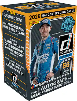 2026 Donruss Racing NASCAR Trading Cards
Find 1 Autograph or Memorabilia Card! Per Box, On Average
Look for Blaster Exclusive Optic Signatures Orange Velocity Parallels!
Retail Exclusive: Look for the Ultra-Rare Slingshot Insert!
56 Cards Per Box
No Purchase Necessary - See Pack for Details
Win a Panini NASCAR VIP Experience to the Daytona 500!
Kyle Larson