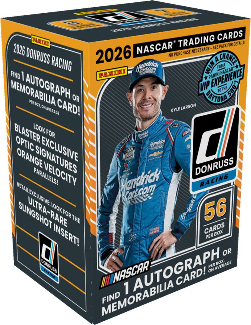 2026 Donruss Racing NASCAR Trading Cards

Find 1 Autograph or Memorabilia Card! Per Box, On Average

Look for Blaster Exclusive Optic Signatures Orange Velocity Parallels!

Retail Exclusive: Look for the Ultra-Rare Slingshot Insert!

56 Cards Per Box

No Purchase Necessary - See Pack for Details

Win a Panini NASCAR VIP Experience to the Daytona 500!

Kyle Larson